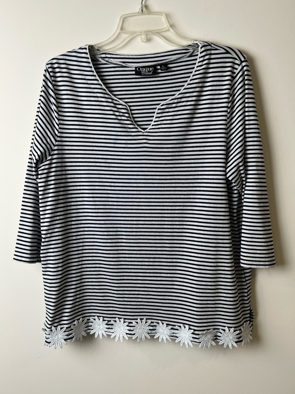 Onque Casuals Women’s L Black & White Striped 3/4 Sleeve Top with Floral Trim